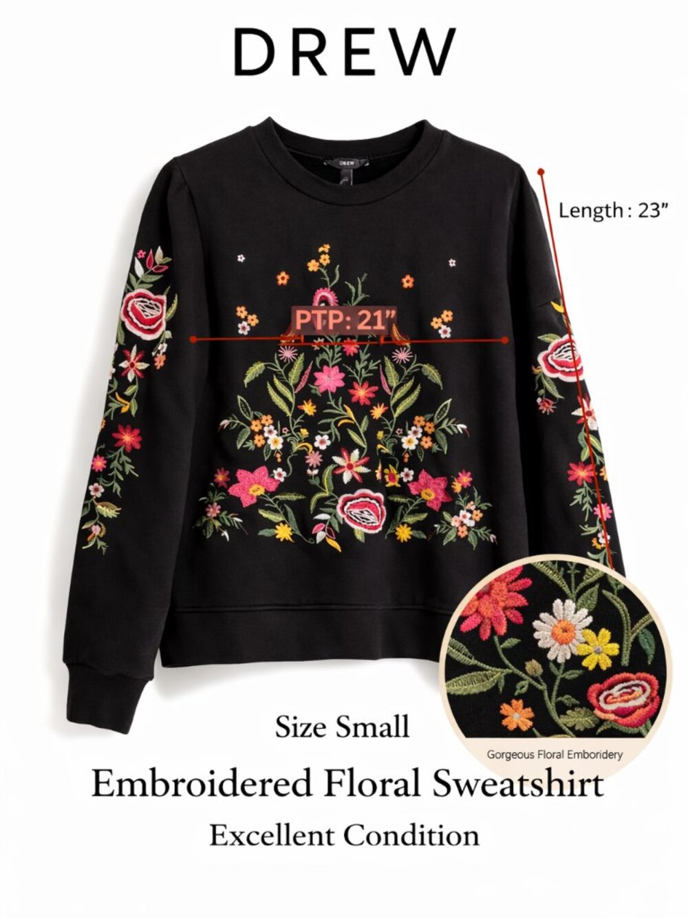 Drew Floral Embroidered Sweatshirt Small Black Crewneck Boho Statement Pullover - Picture 2 of 9